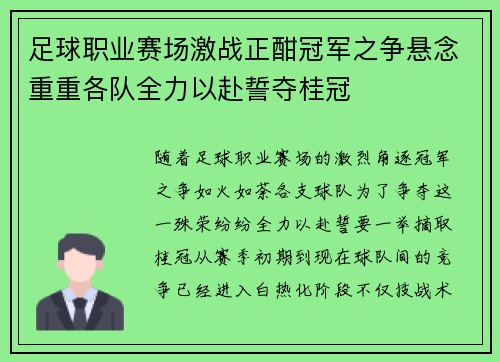 足球职业赛场激战正酣冠军之争悬念重重各队全力以赴誓夺桂冠 足球职业赛场激战正酣冠军之争悬念重重各队全力以赴誓夺桂冠